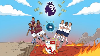 Caricatura de jugadores de West Ham y Tottenham al borde de un precipicio con un cerebro de IA. Arriba, el logo de Premier League y billetes. Abajo, el Championship con fuego.