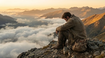 Un hombre vestido de tonos tierra se sienta en una cumbre rocosa, con la cabeza gacha. Una mochila está a su lado. Detrás, picos montañosos y un mar de nubes al amanecer.