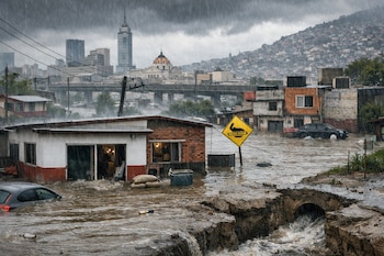 Vista de un barrio inundado bajo una intensa lluvia en Ciudad de México, con casas, autos sumergidos y un letrero de advertencia, y la ciudad al fondo.