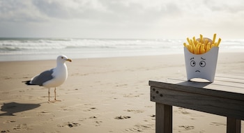 En una playa soleada, una gaviota mira un envase de papas fritas con una expresión de perplejidad, sobre una mesa de madera. El océano se ve al fondo.