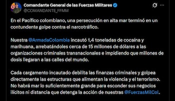 El mayor general Erik Rodríguez Aparicio sostuvo que los decomisos debilitan las finanzas de las estructuras que alimentan la violencia - crédito prensa Armada de Colombia