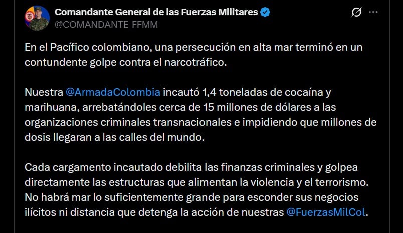 El mayor general Erik Rodríguez Aparicio sostuvo que los decomisos debilitan las finanzas de las estructuras que alimentan la violencia - crédito prensa Armada de Colombia