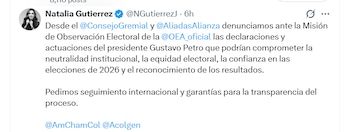 Natalia Gutiérrez, presidenta del Consejo Gremial Nacional, manifestó preocupación por el impacto que las declaraciones del jefe de Estado podrían tener sobre la percepción de legitimidad de los comicios - crédito @NGutierrezJ/X