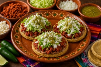 Tres sopes con carne, lechuga y salsa en un plato de barro junto a cuencos con cebolla, queso y chiles verdes.