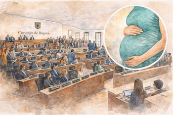 Ilustración en acuarela de la sala del Concejo de Bogotá con personas sentadas y de pie; un círculo superpuesto muestra a una mujer embarazada.