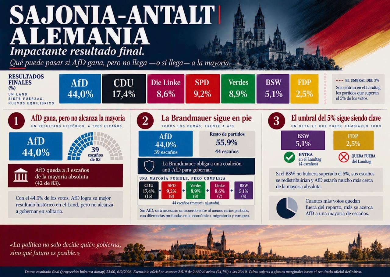 Los resultados electorales en Sajonia-Anhalt, Alemania, otorgan un 44 % de los votos a Alternativa para Alemania, según proyecciones de Infratest dimap
