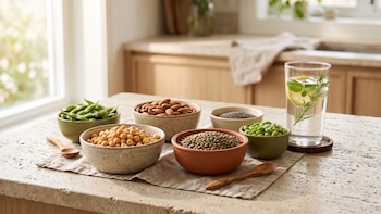 Cuencos con garbanzos, lentejas, almendras, semillas de chía, guisantes y vainas de edamame sobre un mantel junto a un vaso de agua