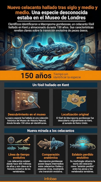 Infografía del descubrimiento de Macropoma gombessae. Contiene una ilustración del celacanto, lupas, un archivo de museo, mapas, una línea de tiempo evolutiva y diagramas.
