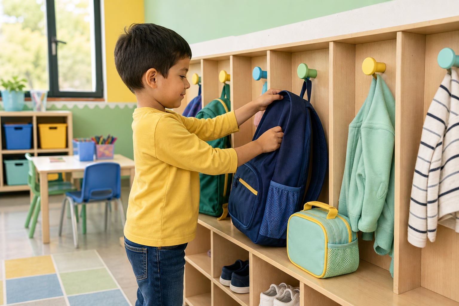 Un niño coloca su mochila en un casillero de madera dentro de un aula preescolar como parte de su rutina de organización. (Imagen Ilustrativa Infobae)
