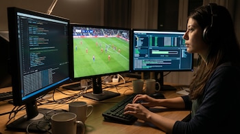 Mujer con auriculares frente a tres monitores en una habitación oscura, con código, un partido de fútbol en directo y datos técnicos en las pantallas.