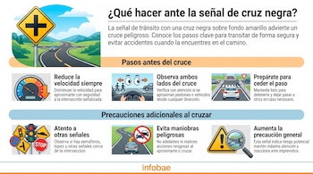 Infografía con señal de tránsito de cruce (cruz negra en amarillo), texto sobre seguridad vial y nueve íconos con consejos para conductores.