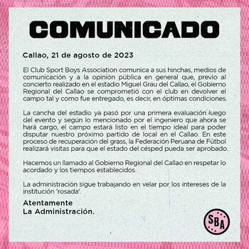 Comunicado de Sport Boys sobre la cancha del estadio Miguel Grau previo al visto bueno de la FPF para su uso en la Liga 1 2023