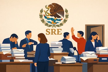 Ilustración plana de una oficina con varias figuras, incluyendo a Ana Luisa Leal Félix, rodeadas de pilas de papeles; el logo de la SRE es prominente en la pared.