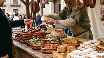 Un vendedor entrega pan a un comprador junto a una mesa con embutidos, pimientos en recipientes de barro y repostería en un puesto.