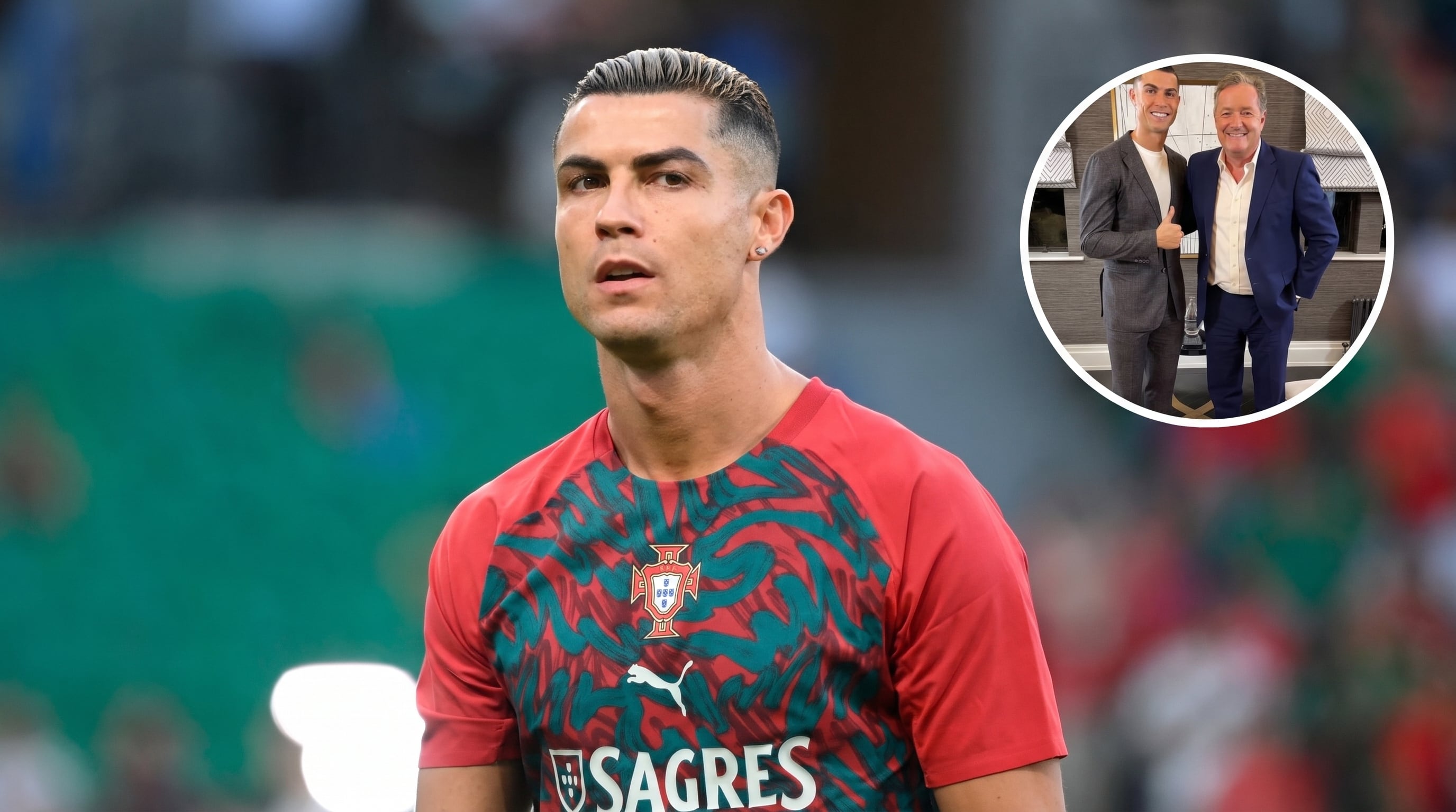 El futbolista Cristiano Ronaldo luce la indumentaria de la selección de Portugal junto a un recuadro circular en el que aparece con el periodista Piers Morgan