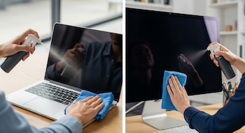 Composición de dos imágenes: una persona limpia la pantalla de una laptop con spray y paño, y otra hace lo mismo con un monitor de PC de escritorio.
