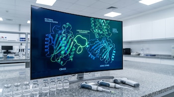 Una pantalla curva exhibe modelos moleculares de proteínas junto a frascos de vidrio y pipetas sobre una mesa de granito en un laboratorio.