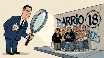 Caricatura de un agente del Departamento de Estado con una lupa, mirando a siete pandilleros de Barrio 18 con tatuajes y ropa urbana, junto a un muro con grafitis.