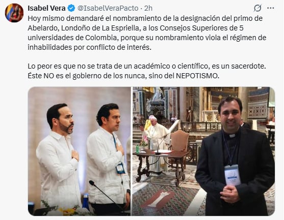 Isabel Vera señaló que el nombramiento del primo del presidente de la República viola el régimen de inhabilidades por conflicto de interés - crédito @IsabelVeraPacto/X