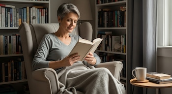 Una mujer de 40 a 50 años, de cabello gris, sentada en un sillón gris con una manta, lee un libro en un entorno de biblioteca con estanterías y una ventana.