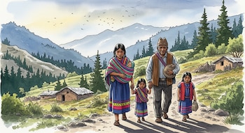 Una familia indígena compuesta por un hombre, una mujer con un bebé y dos niñas camina por un camino de tierra, con montañas, árboles y casas.