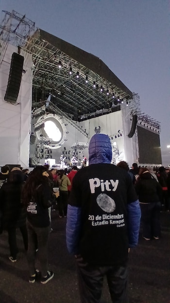 Vista trasera de un asistente a un concierto, con una camiseta negra que dice "Pity", mirando hacia un gran escenario iluminado con pantallas y estructuras