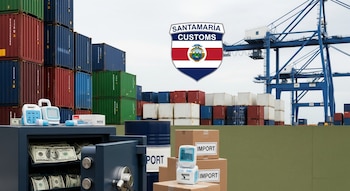 Terminal portuaria con contenedores, grúas y logo de Aduana Santamaría. En primer plano, caja fuerte abierta con billetes y dispositivos médicos, un bidón de diésel y cajas 'importación'.