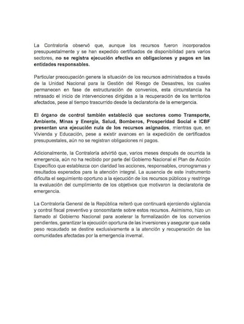 El organismo también señaló que persisten retrasos en la formalización de convenios y que el Gobierno Nacional no ha entregado el Plan de Acción Específico para la atención integral de la emergencia, lo que dificulta el seguimiento del destino de los recursos - crédito Contraloría