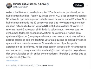 El congresista Miguel Polo Polo aseguró que los que no votaron la reforma pensional no quisieron desbaratar el cuórum - crédito @MiguelPoloP/X