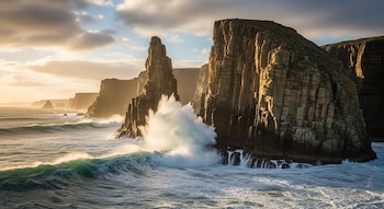 Vista panorámica de acantilados costeros con formaciones rocosas verticales y el océano. Olas rompen con fuerza generando espuma blanca. La luz del atardecer ilumina los riscos y el cielo.