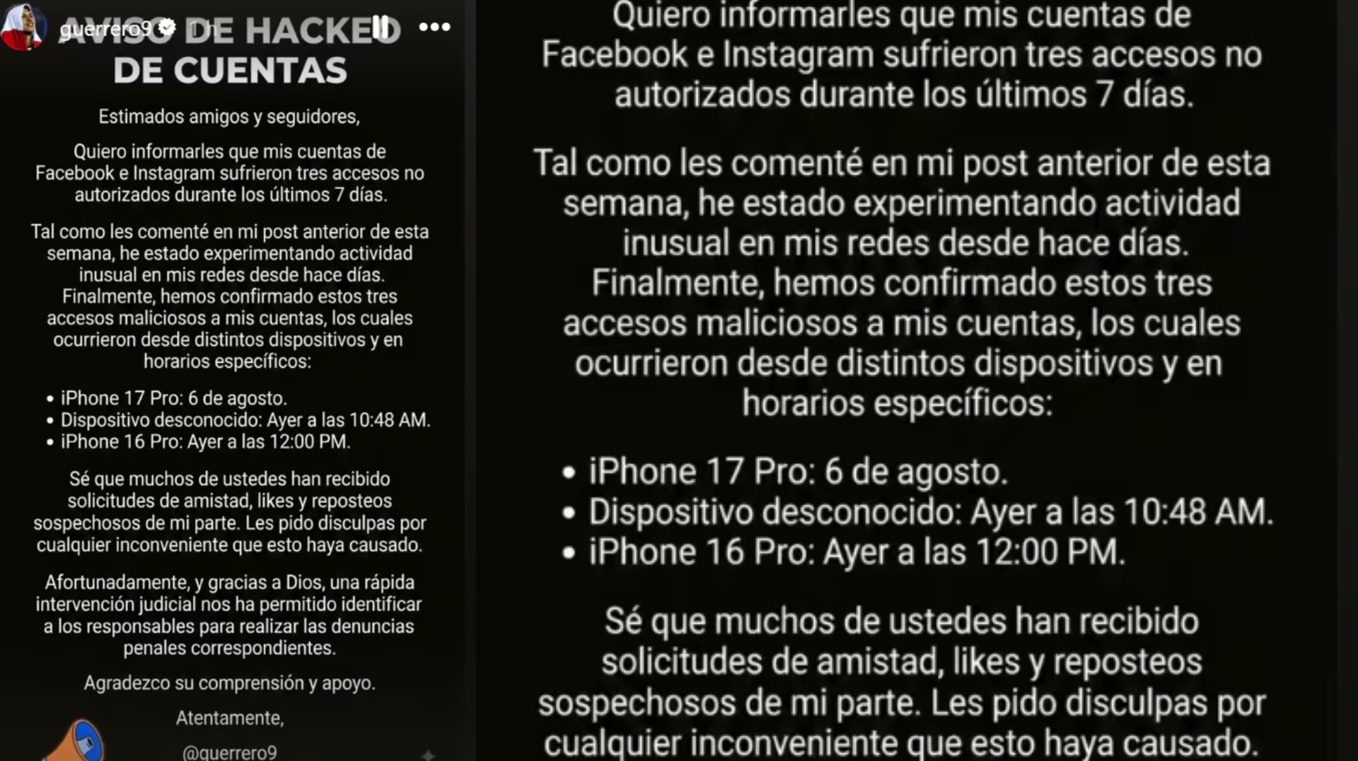 Paolo Guerrero compartió en sus redes sociales capturas de los accesos no autorizados a sus cuentas, señalando ubicaciones en Brasil y Perú.