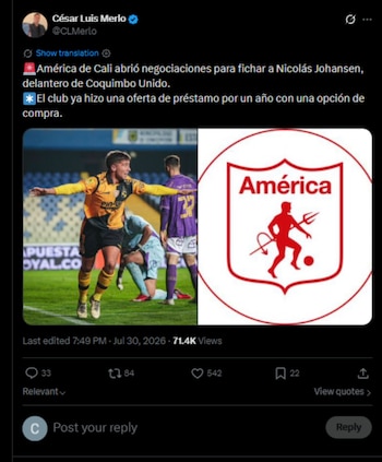 La posible llegada de Nicolás Johansen busca reforzar el ataque de América de Cali en el segundo semestre de 2026-crédito @CLMerlo/X