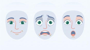 Tres rostros ilustrados de frente con expresiones de alegría, miedo y sorpresa, mostrando cambios en boca, cejas y ojos.