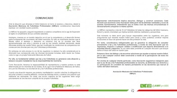 Documento con un comunicado de la Asociación Mexicana de Futbolistas Profesionales, texto negro, logos de la AMFpro, e iconos de redes sociales.