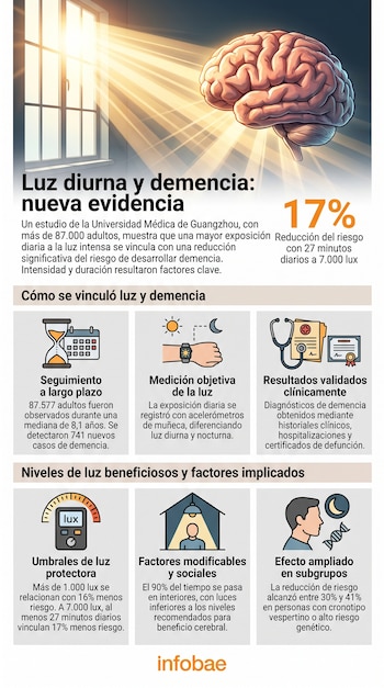 Infografía: ventana con luz solar, cerebro humano, reloj de arena, calendario, mano con reloj, sol, luna, estetoscopio, documentos médicos, luxómetro, casa, persona, ADN. Logo Infobae.