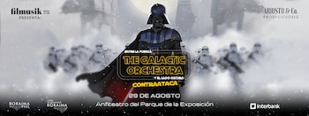 Darth Vader al centro con soldados imperiales y tanques caminantes sobre un fondo nevado con texto publicitario del concierto