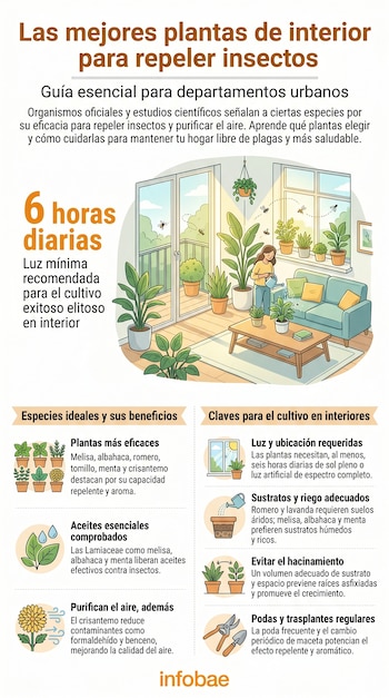 Ilustración de mujer regando plantas de interior en sala luminosa. Paneles informativos sobre plantas repelentes de insectos y purificación del aire.