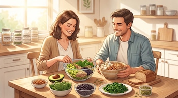 Pareja sonriente en una cocina preparando ensaladas con aguacate, espinacas, frijoles negros y frutos secos. Botellas de suplemento de magnesio en el fondo