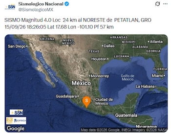 Sismo de 4.0 en Petatlán, Guerrero este 15 de septiembre. (X/ @SismologicoMX)
