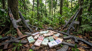 Cuatro fusiles de asalto, dos pistolas, cargadores, municiones y numerosos fajos de billetes colombianos sobre hojas secas en el suelo de una selva.