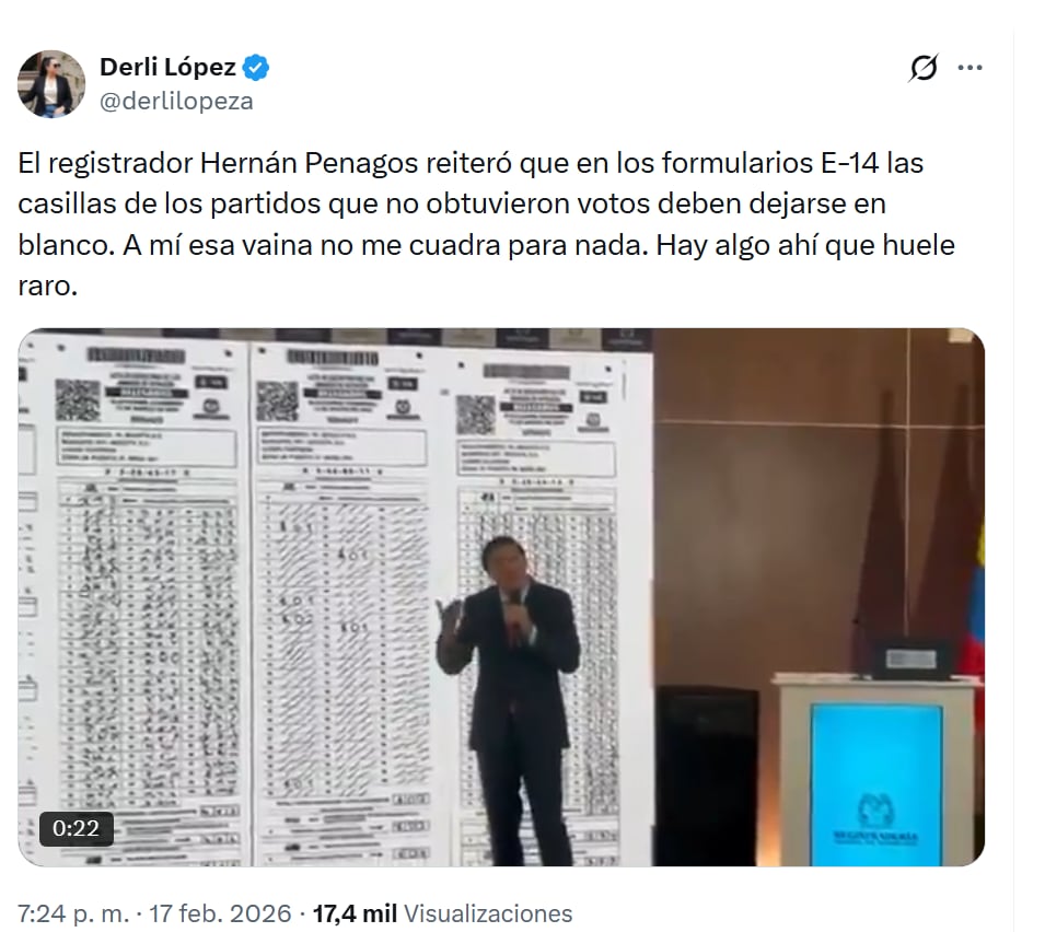La activista Derli López cuestionó fuertemente las instrucciones del registrador, asegurando que la indicación de dejar casillas en blanco en los formularios E-14 - crédito @derlilopeza/X