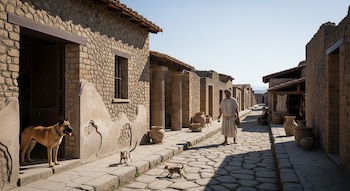 Calle empedrada con edificios de piedra y techos de teja, un hombre con túnica, un perro, dos gatos, y grandes vasijas de cerámica.