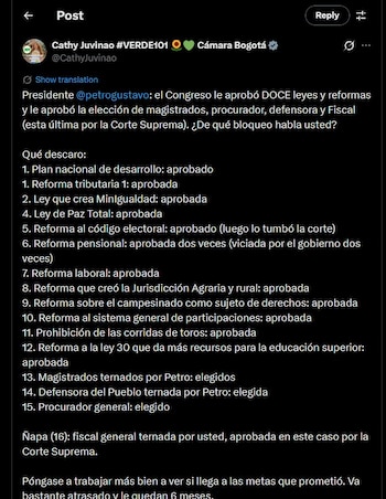 Catherine Juvinao dijo que el