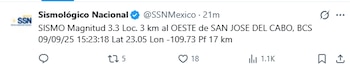 El sismo ocurrió la tarde de este martes 9 de septiembre. Foto: X/@SSNMexico.