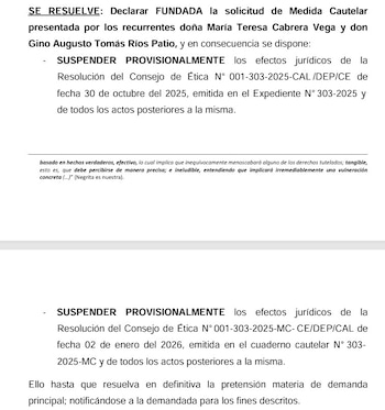 Medida cautelar que suspende proceso disciplinario del CAL contra 5 miembros de la JNJ.