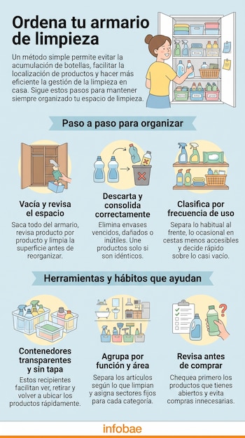 Infografía con ilustraciones de una mujer organizando el armario de limpieza. Presenta pasos para vaciar, descartar, clasificar y usar contenedores.