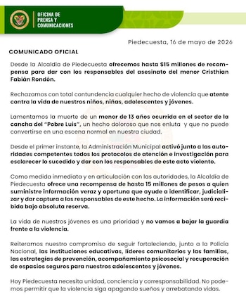 La Alcaldía de Piedecuesta ofrece una recompensa de hasta 15 millones de pesos por información que conduzca a la captura de los asesinos del menor - crédito Alcaldía Piedecuesta