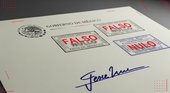 Un documento oficial de México con el escudo nacional, sellos rectangulares que dicen FALSO y NULO, una firma y elementos gráficos rojos en los bordes.