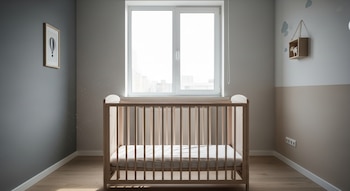 Cuna de madera con colchón, ventana, paredes gris y beige, suelo de madera, cuadro con globo, estante con figurilla blanca, enchufe.