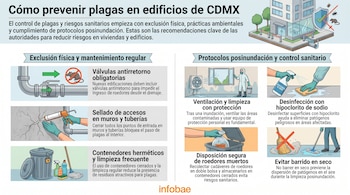 Infografía con ilustraciones detallando métodos para prevenir plagas y riesgos sanitarios en edificios, como válvulas, sellado, limpieza, ventilación y desinfección.